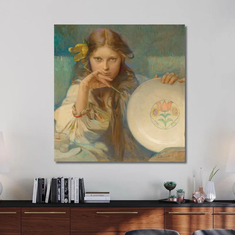 Fille Avec Une Assiette À Motif Folklorique Alphonse Mucha