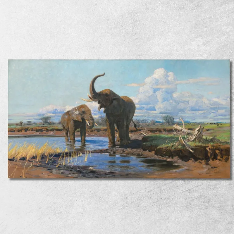 Elefanti In Una Pozza D'Acqua Wilhelm Kuhnert quadro stampa su tela
