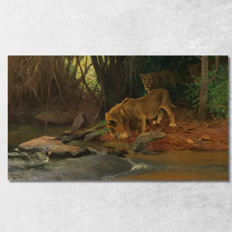 Leoni Al Ruscello Della Giungla Wilhelm Kuhnert quadro stampa su tela