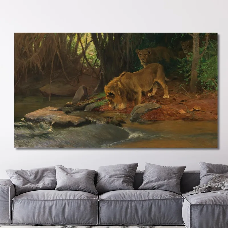 Leones En El Arroyo De La Selva Wilhelm Kuhnert