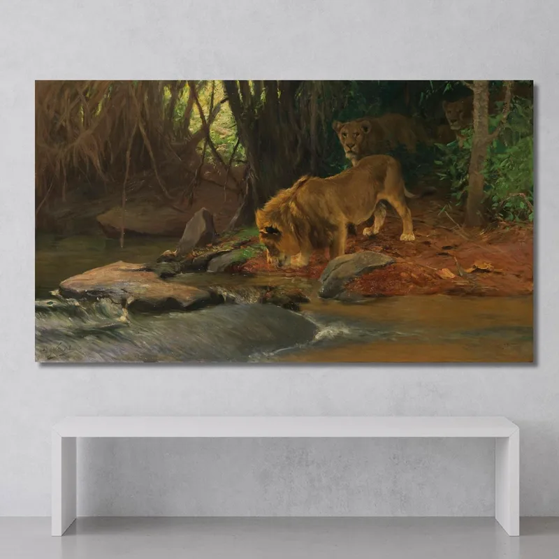 Leones En El Arroyo De La Selva Wilhelm Kuhnert