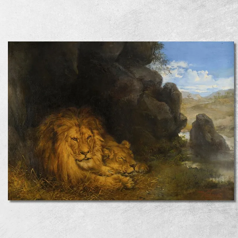 Due Leoni In Una Grotta Wilhelm Kuhnert quadro stampa su tela