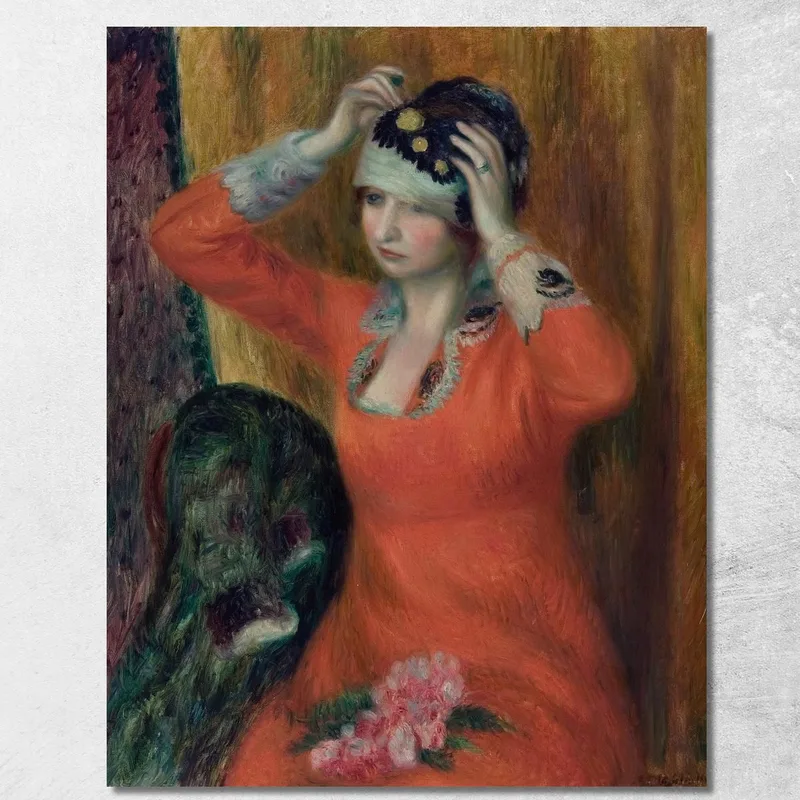 Ragazza In Vestito Rosso Che Si Mette Il Cappello William James Glackens quadro stampa su tela
