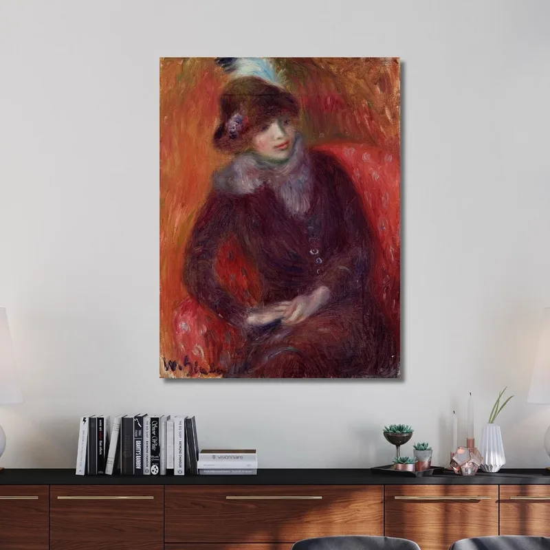 Seated Woman With Fur Neckpiece And Red Background William James Glackens