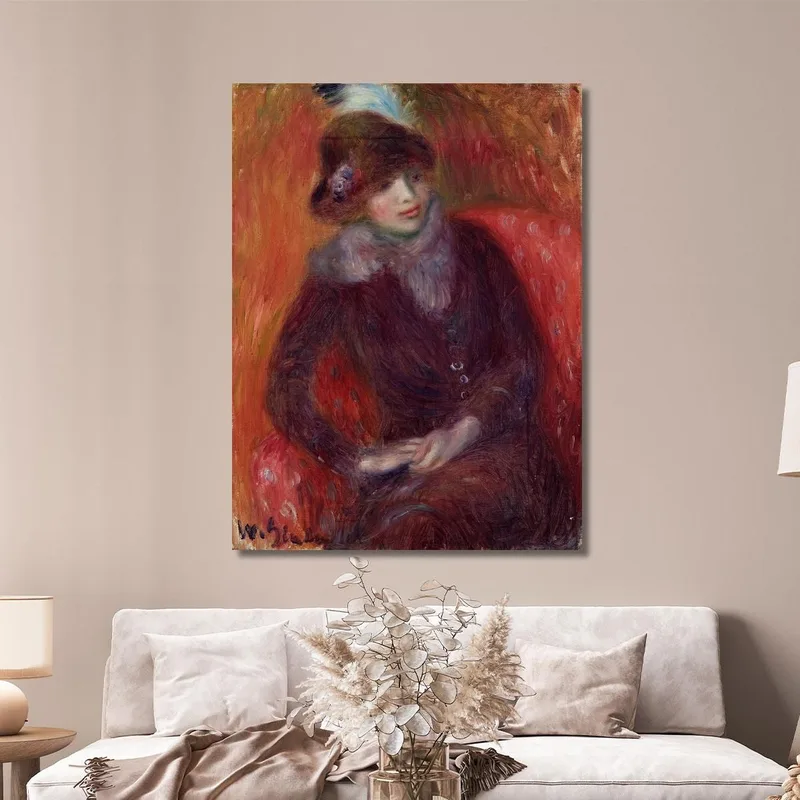 Seated Woman With Fur Neckpiece And Red Background William James Glackens