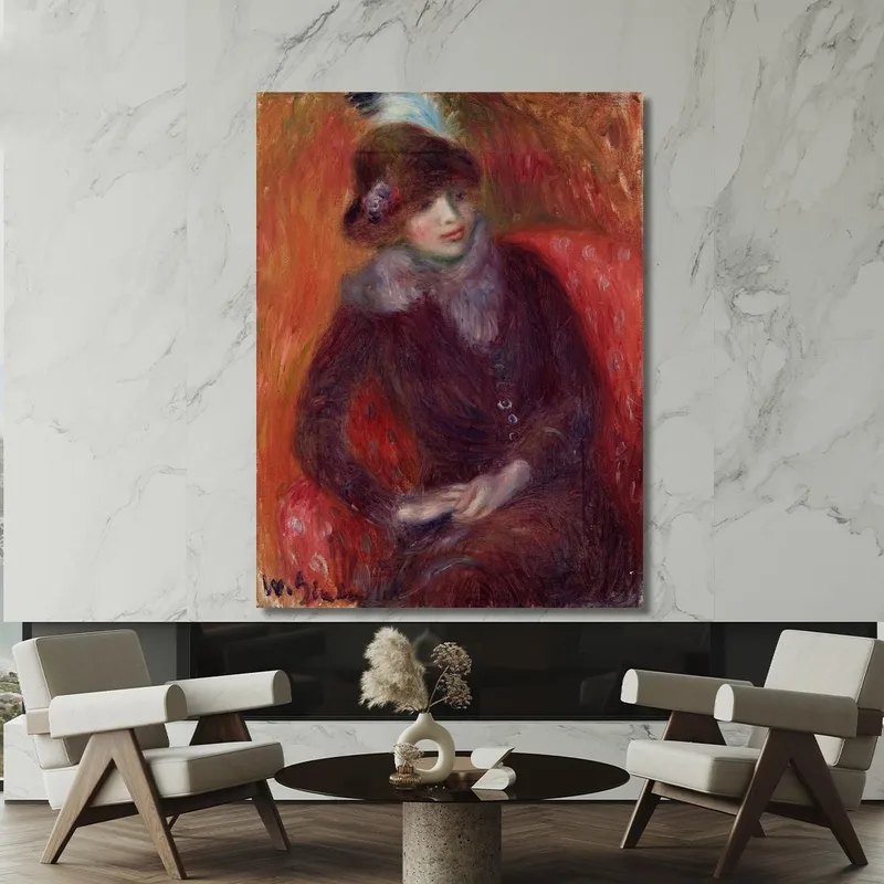 Seated Woman With Fur Neckpiece And Red Background William James Glackens
