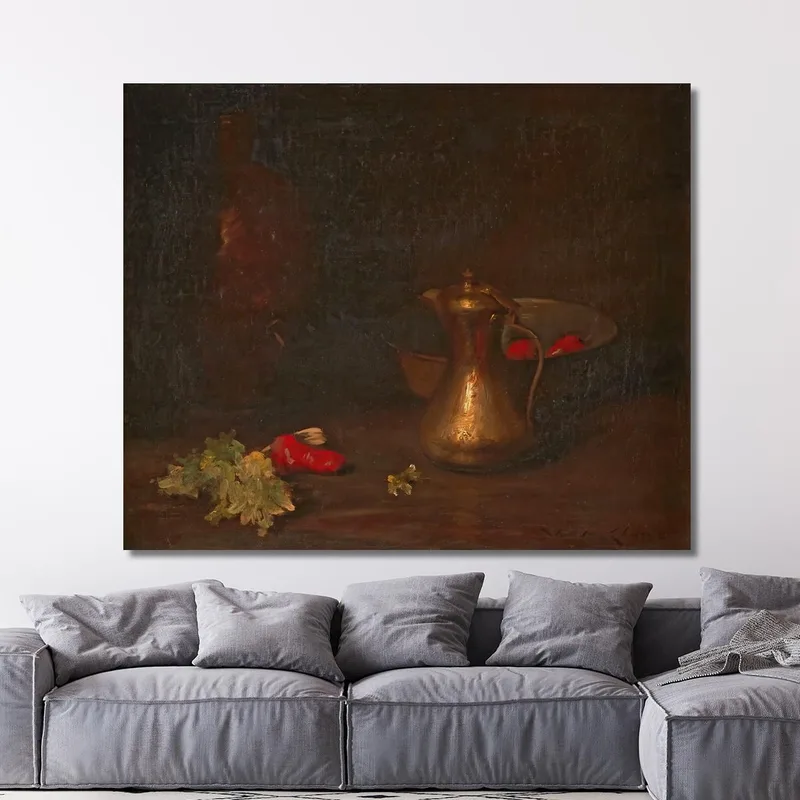 Naturaleza Muerta Con Jarra De Latón Cuenco De Metal Lechuga Y Pimientos Rojos William Merritt Chase