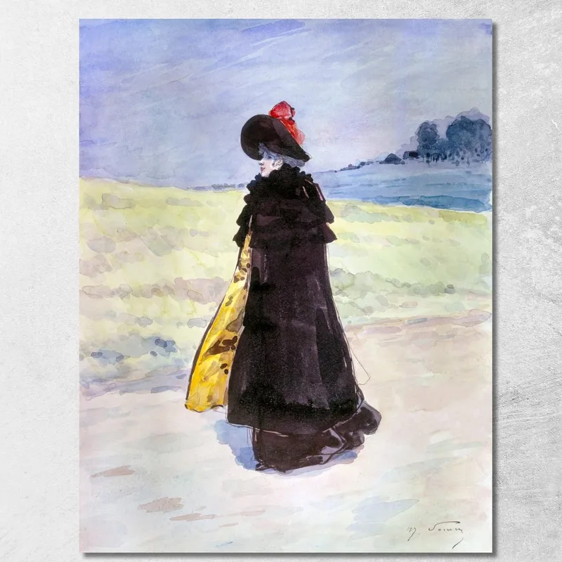 Elegant Im Schwarzen Cape In Einer Landschaft Henry Somm drucken auf leinwand