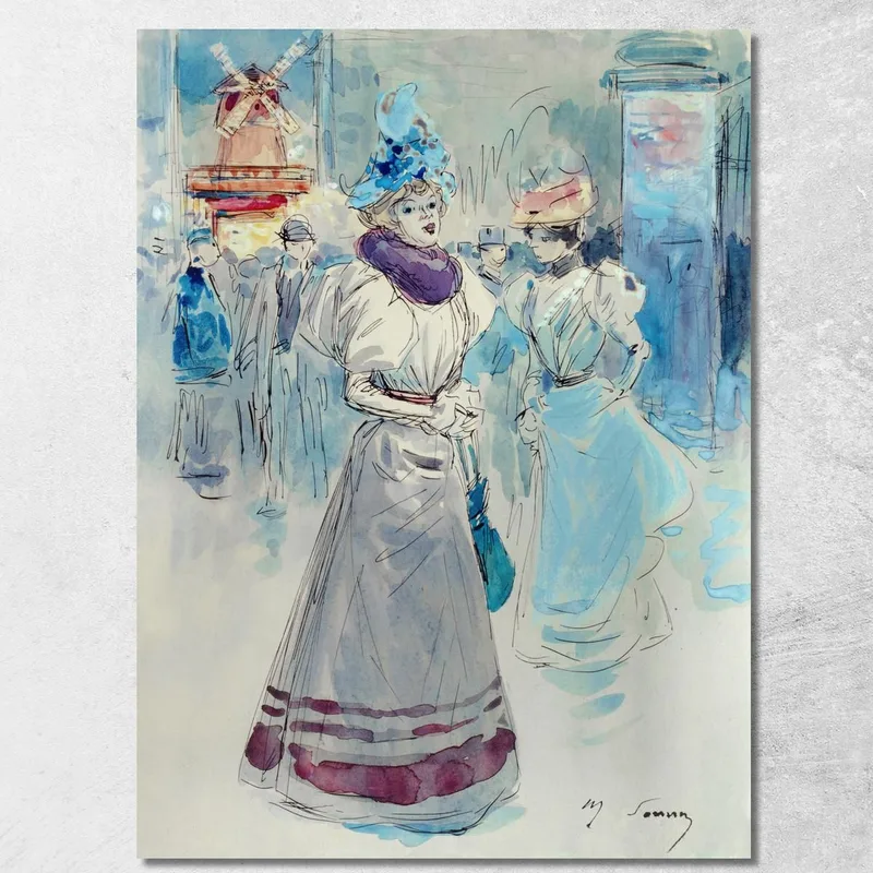 Elegant Mit Blauem Hut Vor Dem Moulin Rouge, Place Blanche, 18. Arrondissement Henry Somm drucken auf leinwand