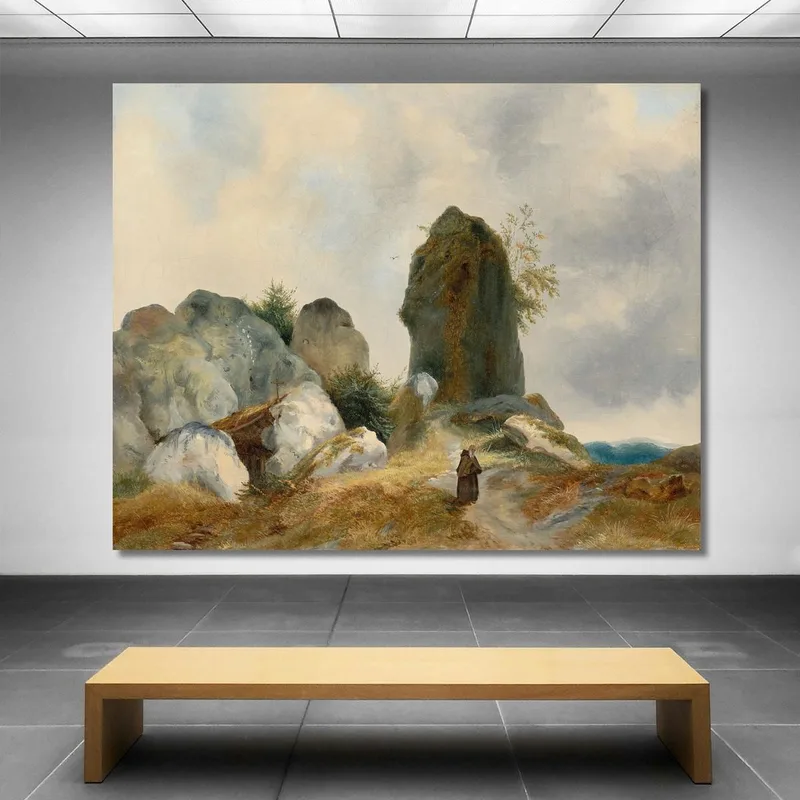 Un Paisaje Rocoso Con Un Ermitaño Carl Blechen