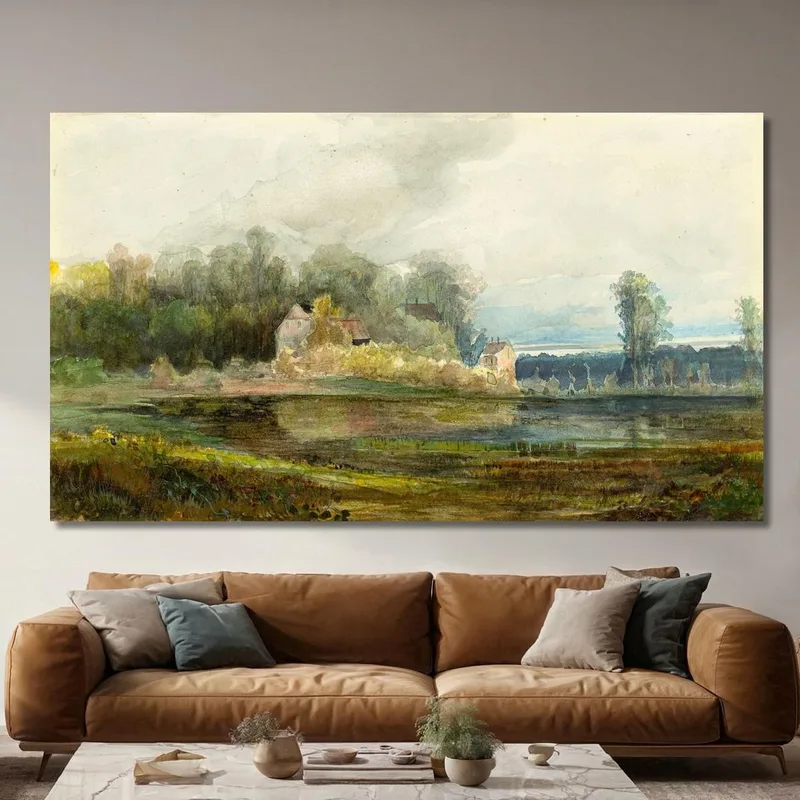 Estanque Con Bosque Y Casas. Carl Blechen
