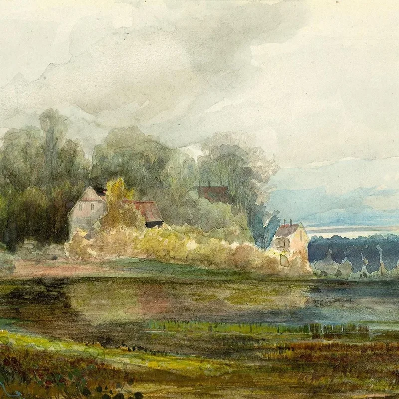 Estanque Con Bosque Y Casas. Carl Blechen