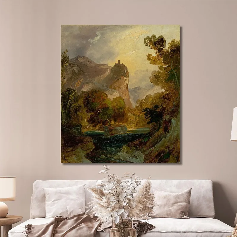 Vista De Un Valle Fluvial En Las Montañas Con Un Castillo Sobre Una Roca Alta Carl Blechen