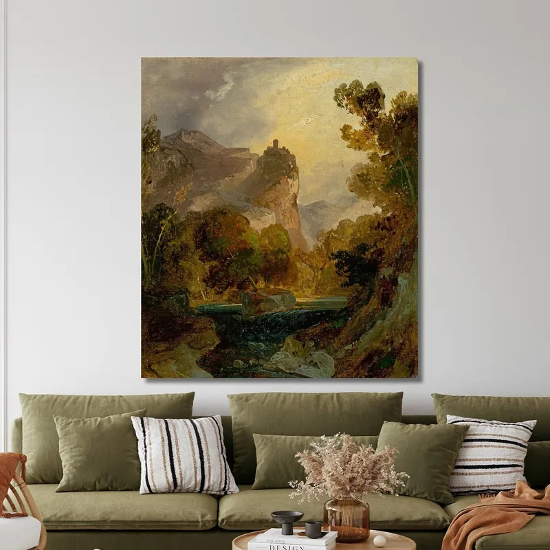 Vista De Un Valle Fluvial En Las Montañas Con Un Castillo Sobre Una Roca Alta Carl Blechen