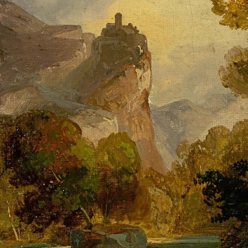 Vista De Un Valle Fluvial En Las Montañas Con Un Castillo Sobre Una Roca Alta Carl Blechen