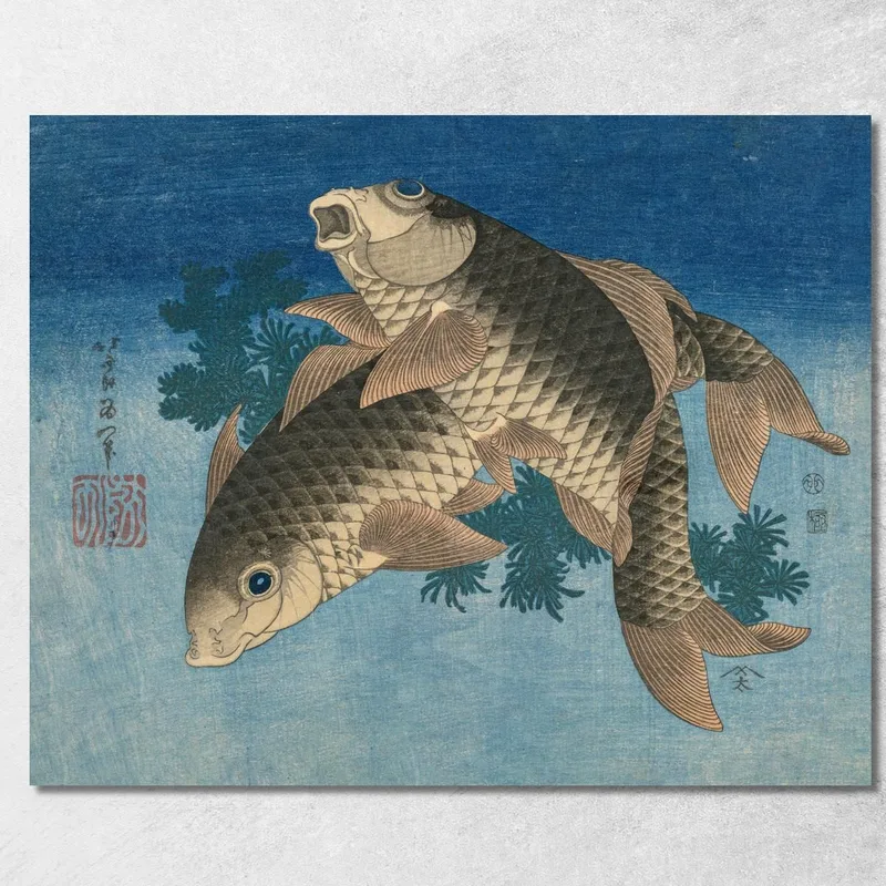 Carpas Nadando Entre Malezas Acuáticas katsushika hokusai cuadro en lienzo