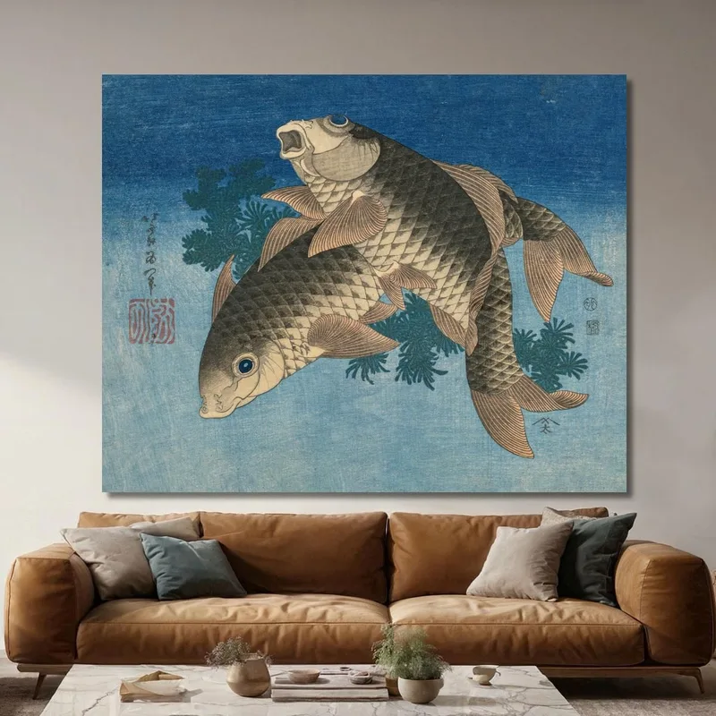 Carpas Nadando Entre Malezas Acuáticas katsushika hokusai