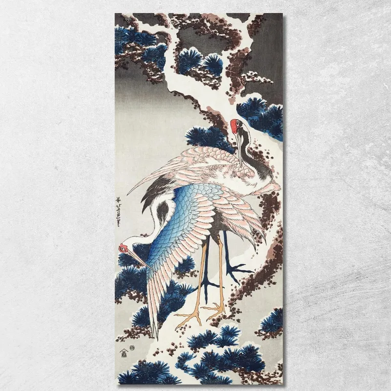Grullas En Un Árbol Nevado katsushika hokusai cuadro en lienzo