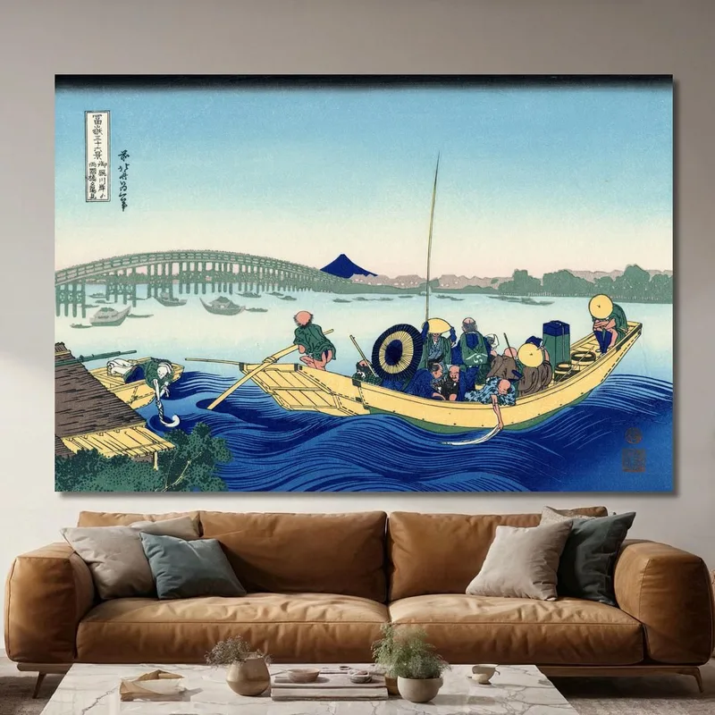 Sunset Across The Ryogoku Bridge From The Bank Of The Sumida River At Onmayagashi katsushika hokusai