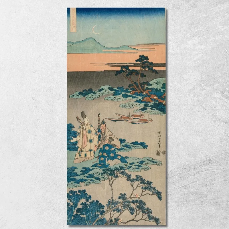 Il Ministro Toru Daijin In Piedi Vicino A Un Lago Sotto Una Luna Crescente katsushika hokusai quadro stampa su tela