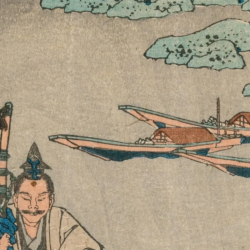 The Minister Toru Daijin Standing By A Lake Beneath A Crescent Moon katsushika hokusai