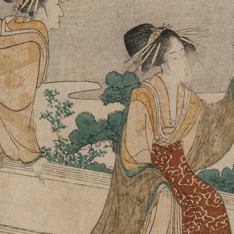 Tsukasa And Other Courtesans Of The Ogiya Watching The Autumn Moon Rise katsushika hokusai