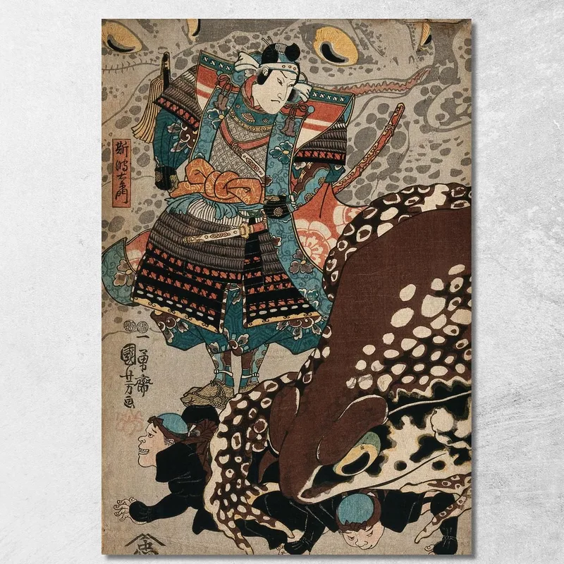 Un Samouraï Regarde Une Grenouille Géante Courir Sur Les Domestiques Utagawa Kuniyoshi tableau impression sur toile