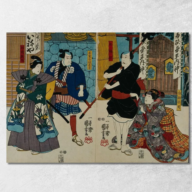 Quatre Acteurs Dans Un Sanctuaire, Deux Servants Ou Assistants Utagawa Kuniyoshi tableau impression sur toile