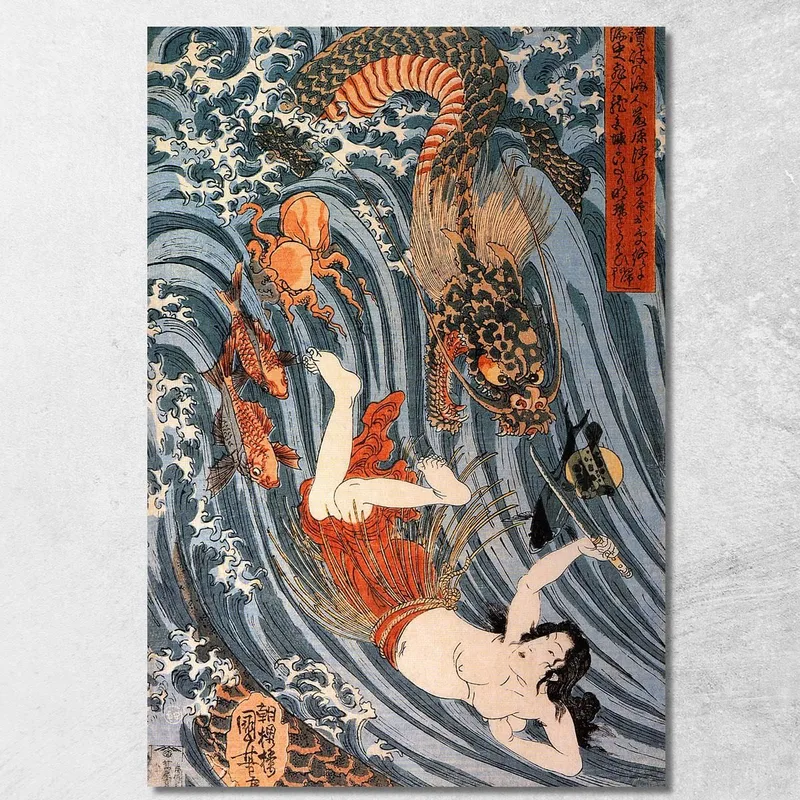 Tamatora Hat Die Perle Aus Dem Palast Des Drachenkönigs Zurückgeholt, Während Sie Bedroht Wurde Utagawa Kuniyoshi drucken auf leinwand