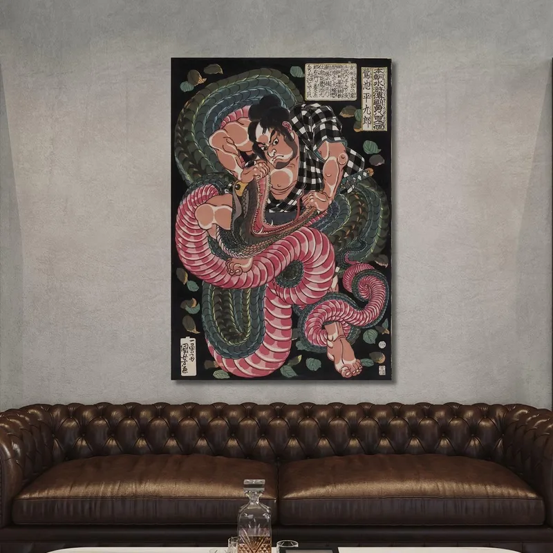 Gravure Sur Bois D'Oban Tate-E. Saginoike Heikuro Combat Le Serpent Géant Au Bord Du Lac De Sayama Utagawa Kuniyoshi