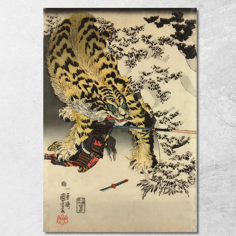 Holzschnitt-Triptychon Oban Tate-E. Koxinga Greift Einen Riesigen Tiger An Utagawa Kuniyoshi drucken auf leinwand