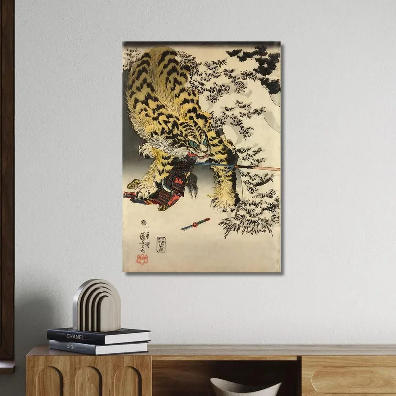 Woodblock Triptych Print Oban Tate-E. Koxinga Attacking A Huge Tiger Utagawa Kuniyoshi