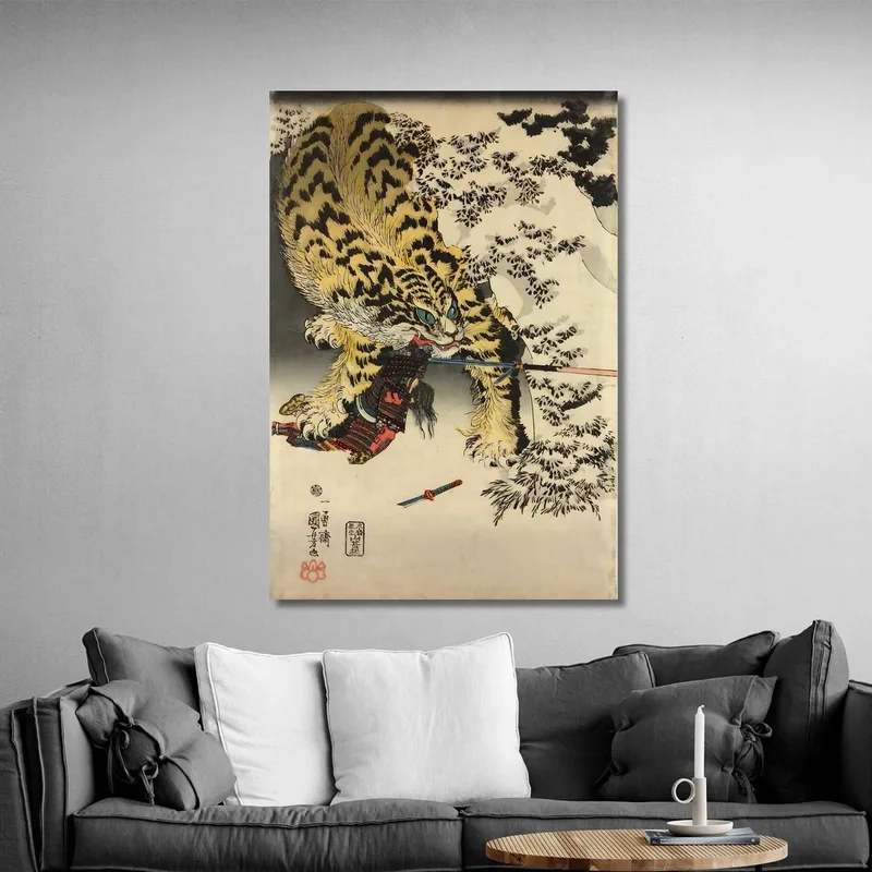 Woodblock Triptych Print Oban Tate-E. Koxinga Attacking A Huge Tiger Utagawa Kuniyoshi