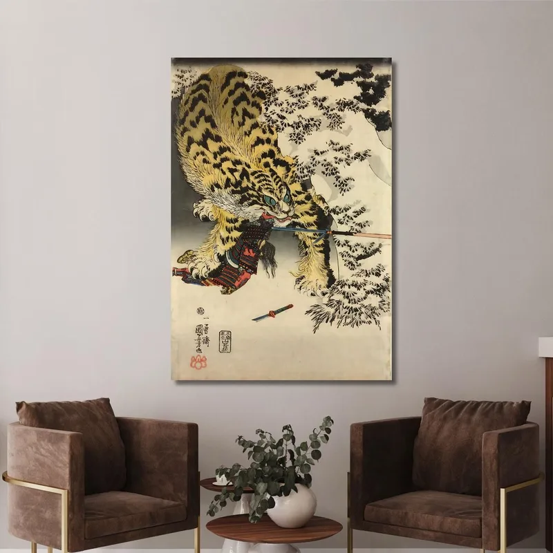 Woodblock Triptych Print Oban Tate-E. Koxinga Attacking A Huge Tiger Utagawa Kuniyoshi