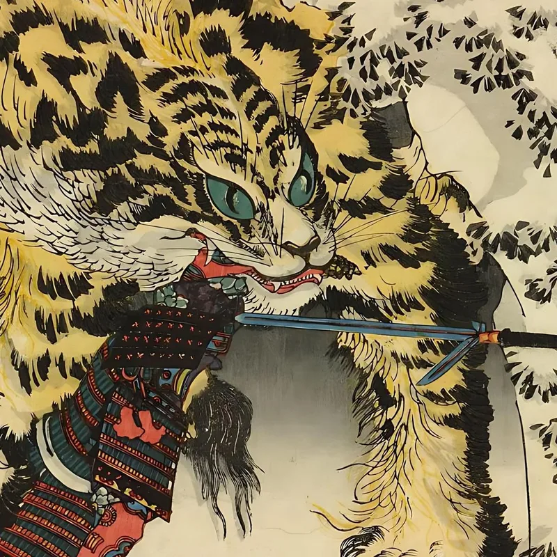 Woodblock Triptych Print Oban Tate-E. Koxinga Attacking A Huge Tiger Utagawa Kuniyoshi